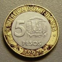 Лот: 11547810. Фото: 2. 5 песо 1997 Доминиканская республика... Монеты