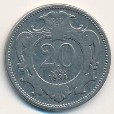 Лот: 9677884. Фото: 1. Австрия 20 геллеров 1894 год... Германия и Австрия