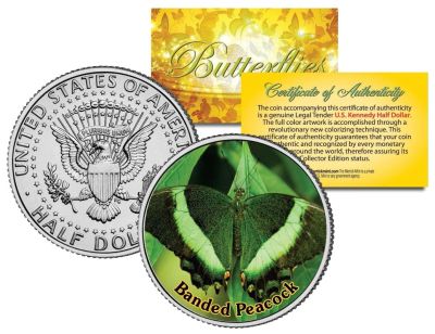 Лот: 10293593. Фото: 1. 50 центов США Banded Peacock бабочка. Америка