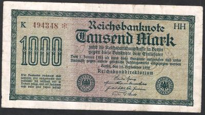 Лот: 7967389. Фото: 1. 1000 марок 1922 г. Германия... Германия и Австрия