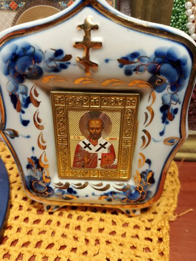 Лот: 24908186. Фото: 1. Икона Николай Чудотворец. Гжель... Иконы