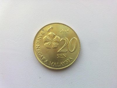 Лот: 5312187. Фото: 1. монета малазии 20сен 2014 года... Азия