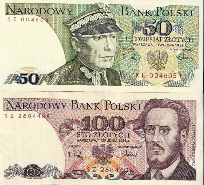Лот: 15403527. Фото: 1. 50 и 100 злотых 1988 г. Польша... Европа