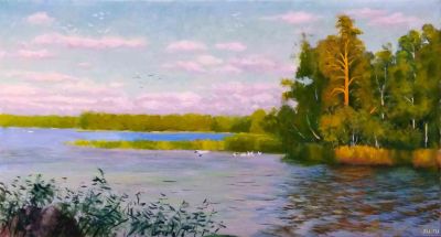 Лот: 18130434. Фото: 1. Картина "Вечер на озере" художник... Произведения