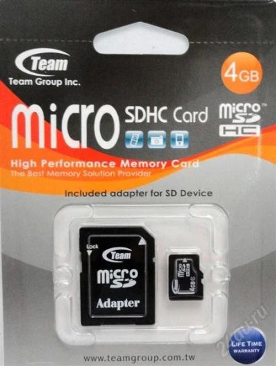 Лот: 835691. Фото: 1. team microsd 4gb с адаптером. USB-флеш карты