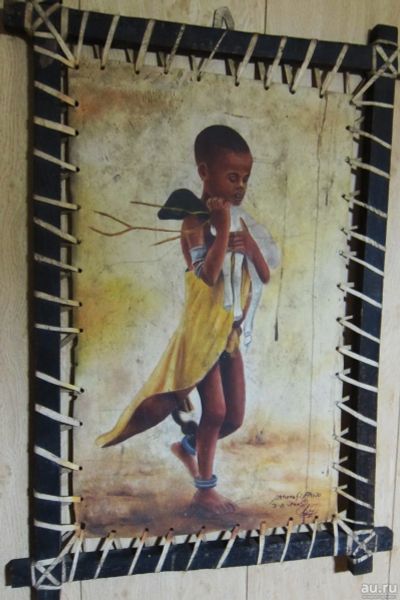 Лот: 17430574. Фото: 1. Картина на коже "Эфиопия. Детство... Картины, гравюры