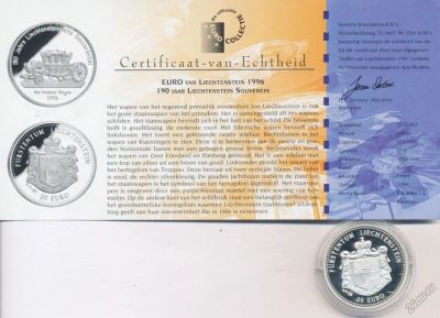 Лот: 5921471. Фото: 1. Лихтенштейн 20 евро 1996 190-летие... Европа
