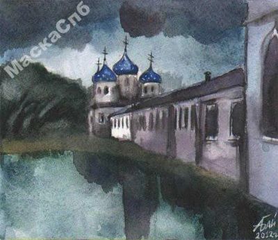 Лот: 5828751. Фото: 1. Акварель - Дождь в Великом Новгороде... Картины, гравюры