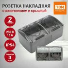 Розетка двойная с прозрачной крышкой TDM "Селигер", открытой установки, IP54, 16А, серая, SQ1818-0109