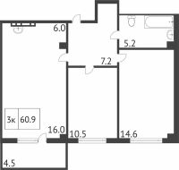 Лот: 11757733. Фото: 2. 3-х комнатная квартира 60 кв.м... Продажа