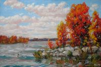 Лот: 18130779. Фото: 2. Картина "На озере осень" художник... Живопись, скульптура, фото