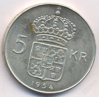 Лот: 1845296. Фото: 2. Швеция 5 крон, 1954 год, Густав... Монеты