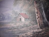 Лот: 11195900. Фото: 2. картина репродукция "домик у реки... Картины, панно