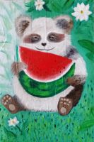 Лот: 20773766. Фото: 3. Картина маслом Панда с арбузом. Ручная работа