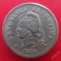 Лот: 2687562. Фото: 2. (№2419) 10 сентаво 1938 (Аргентина... Монеты