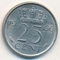 Лот: 9542279. Фото: 2. Нидерланды 25 центов 1966 года... Монеты