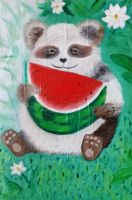 Лот: 20773766. Фото: 2. Картина маслом Панда с арбузом. Изобразительное искусство