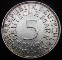 Лот: 9413519. Фото: 2. ФРГ 5 марок серебром 1969(F). Монеты