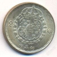Лот: 1845153. Фото: 2. Швеция 2 кроны 1945 G, серебро... Монеты