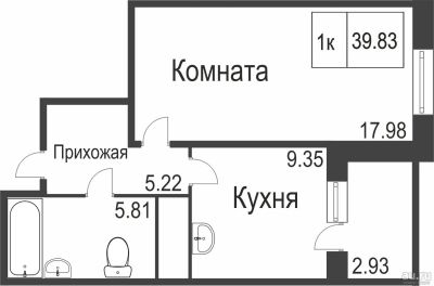 Лот: 12988267. Фото: 1. Продам 1-комн 8 этаж 39,83 м2... Квартиры, студии