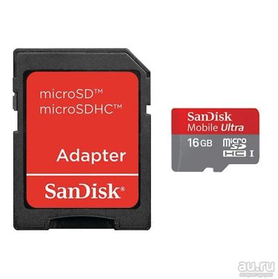Лот: 9225973. Фото: 1. MicroSD 16 Gb SanDisk +SD адаптер... Карты памяти