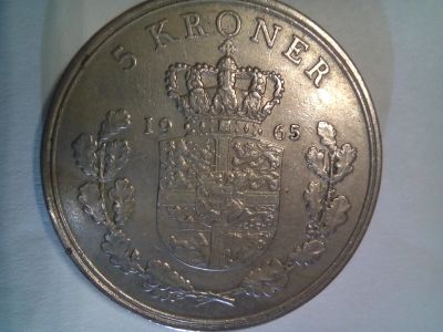 Лот: 14523094. Фото: 1. Монета Дании 5 крон, 1965 год... Европа