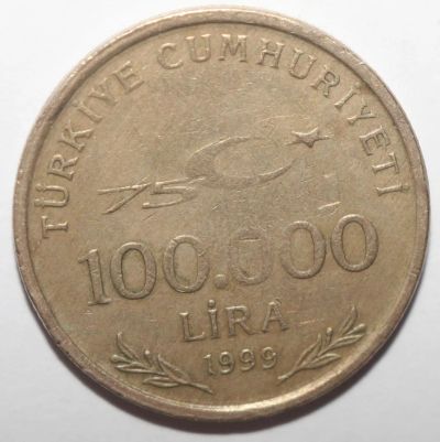 Лот: 11005558. Фото: 1. 100000 лир 1999 год. Турция. 75-летие... Азия