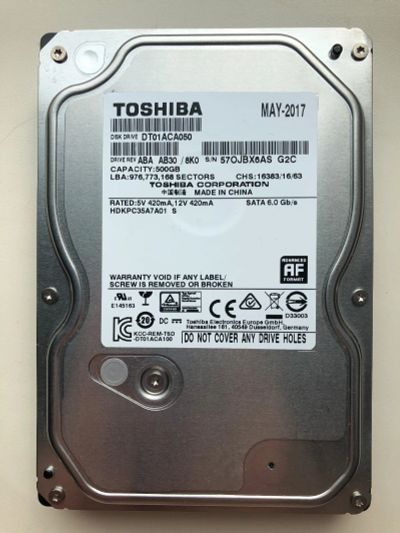 Лот: 25507916. Фото: 1. SATA-III 500Gb Toshiba DT01ACA050... Жёсткие диски (HDD)