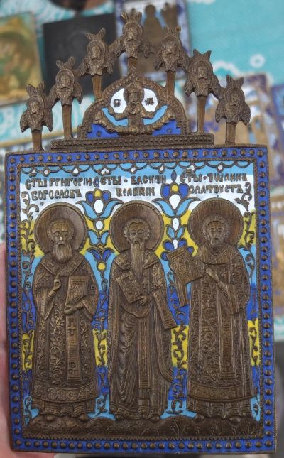 Лот: 16777125. Фото: 1. литая икона Григорий, Василий... Иконы