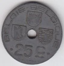 Лот: 3533096. Фото: 1. Бельгия 25 сантимов 1945 года. Европа