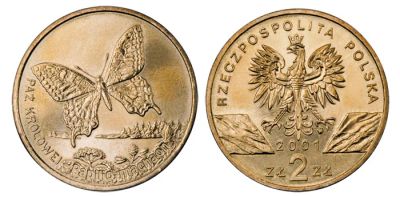 Лот: 3033266. Фото: 1. Польша 2 злотых, 2001 год. Бабочка... Европа