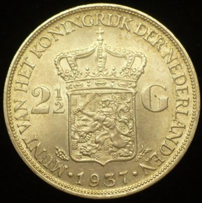 Лот: 9887631. Фото: 1. 2,5 гульдена 1937 Нидерланды. Европа
