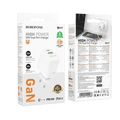 Лот: 25795182. Фото: 1. СЗУ BOROFONE BN27 USB-A 18W+USB-C... Зарядные устройства, блоки питания, адаптеры сетевые для смартфонов