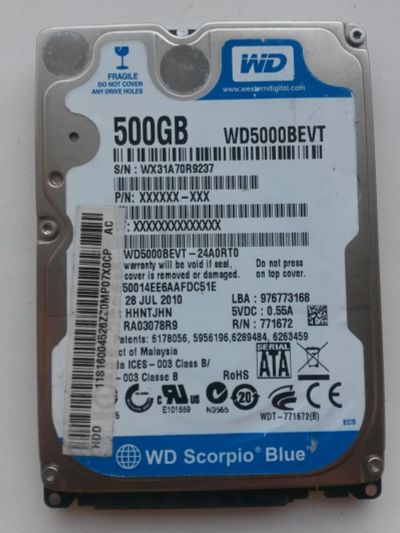 Лот: 6802537. Фото: 1. WD 500Gb WD50000BEVT. Жёсткие диски (HDD)