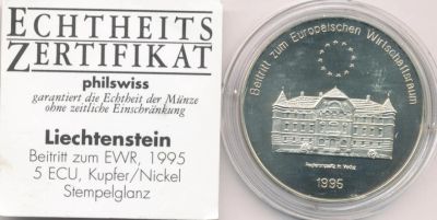 Лот: 6412876. Фото: 1. Лихтенштейн 5 экю 1995 евросоюз... Европа