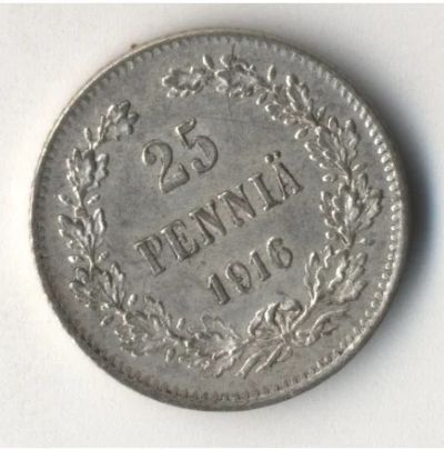 Лот: 5184321. Фото: 1. 25 пенни 1916, Финляндия, серебро... Европа