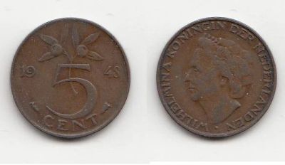Лот: 3492232. Фото: 1. нидерланды 5 центов 1948. Европа
