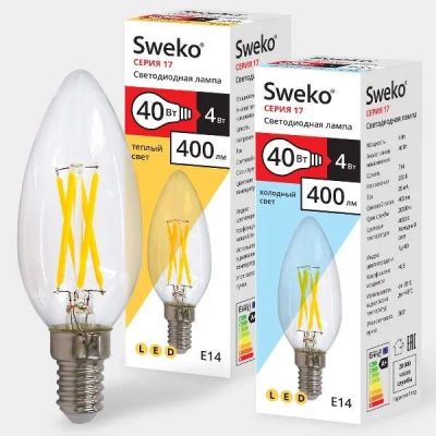 Лот: 14566429. Фото: 1. Лампа светодиодная Sweko 17LED-C35-4W-230-3000K-Е14-CL. Лампочки