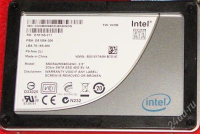 Лот: 579925. Фото: 1. SSD диск Intel X25-V 2.5" MLC... Жёсткие диски