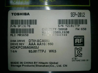 Лот: 5282474. Фото: 1. Жесткий диск Toshiba 500gb. Жёсткие диски (HDD)