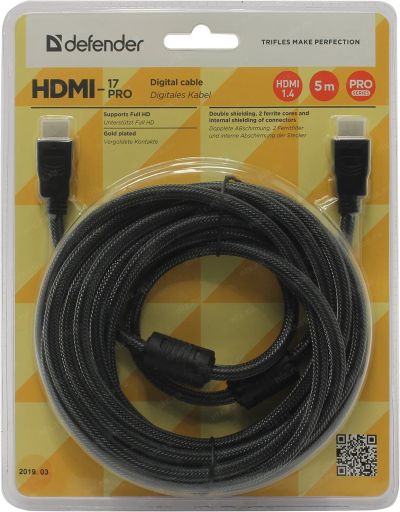 Лот: 17338705. Фото: 1. Кабель HDMI Defender 5.0m в оплетке. Шнуры, кабели, разъёмы