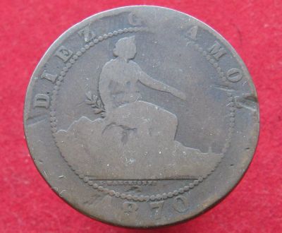 Лот: 12959780. Фото: 1. Испания 10 сентимо, 1870г. Остальные страны