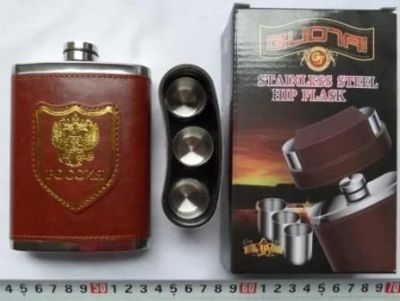 Лот: 15429453. Фото: 1. Фляжка 10oz - 300мл, нерж+кожзам... Туристическая, походная мебель