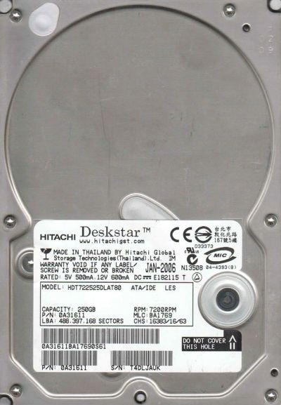 Лот: 270324. Фото: 1. HDD 250GB Hitachi Deskstar. Жёсткие диски (HDD)
