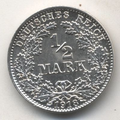 Лот: 5343606. Фото: 1. 1/2 марки 1918 D, Германия, серебро... Германия и Австрия