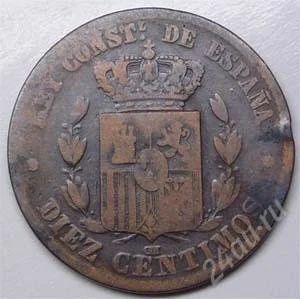 Лот: 904544. Фото: 1. Испания. 10 сантим 1877г. Большая... Европа