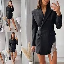 Лот: 25783163. Фото: 1. Платье-пиджак с серебристой бахромой... Платья