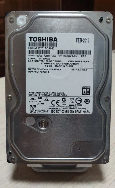 Лот: 20997668. Фото: 1. HDD 500 Гб/Toshiba/3,5''/7200об... Жёсткие диски (HDD)