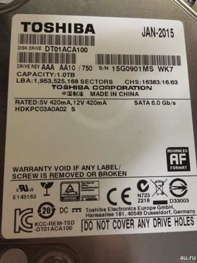 Лот: 16420489. Фото: 1. Жесткий диск toshiba 1 Тб. Жёсткие диски (HDD)