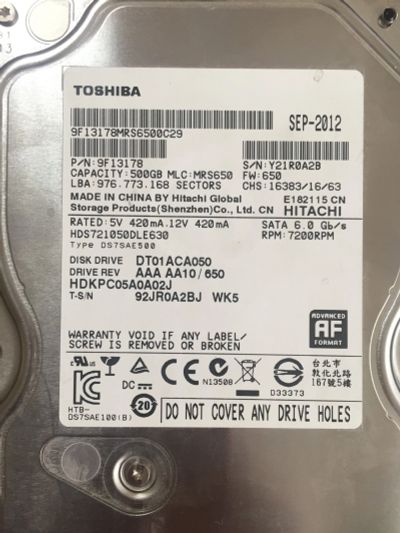 Лот: 11529421. Фото: 1. Жесткий диск Toshiba 500gb DT01ACA050... Жёсткие диски